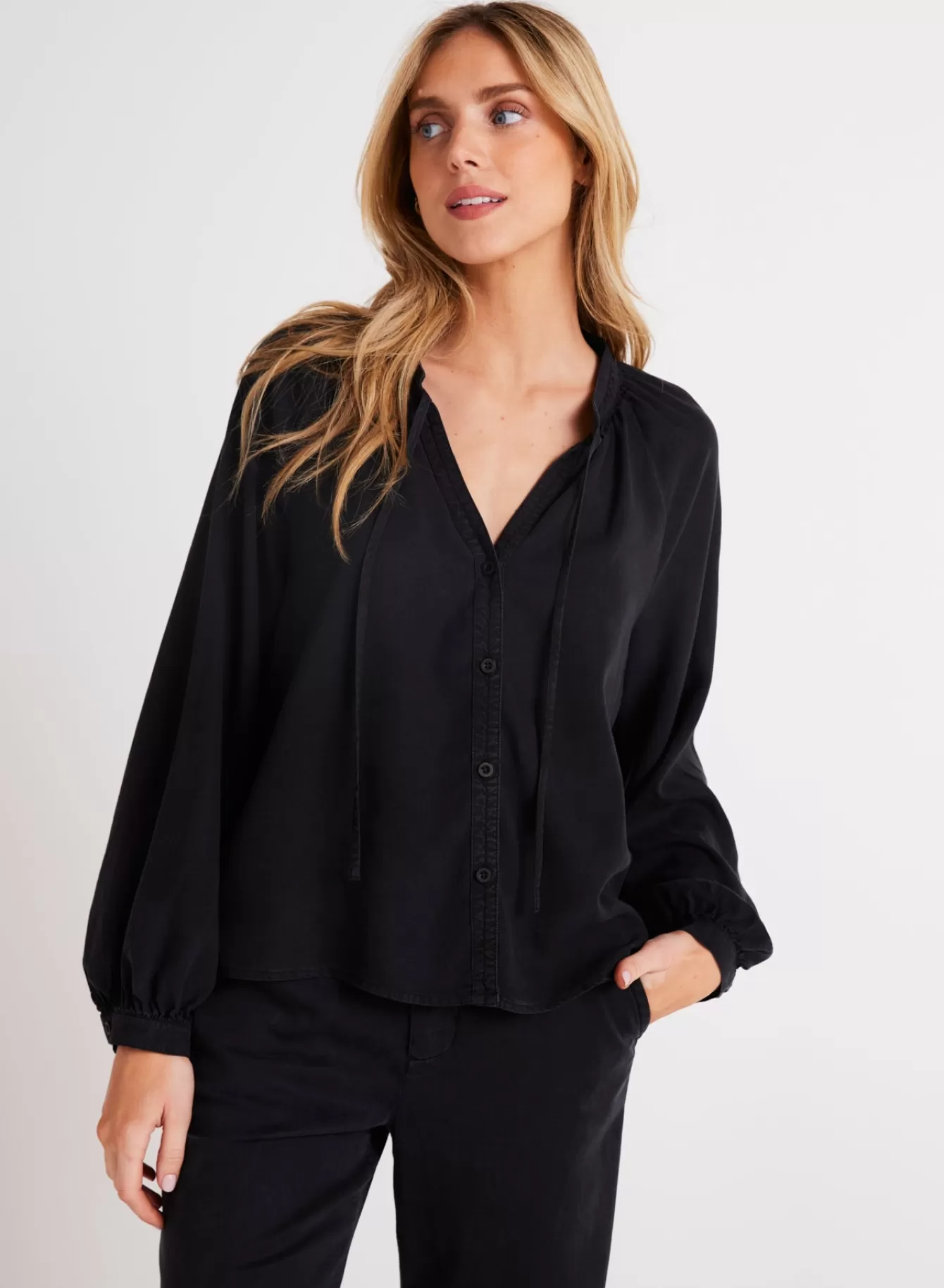 Bella Dahl Seasonal Essentials-Full Sleeve Raglan Button Down - Vintage Black